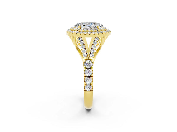 Yellow gold Oval Cut Moissanite Double Halo Ring with Split Shank and Prong Setting