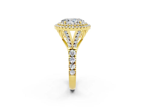 Yellow gold Oval Cut Moissanite Double Halo Ring with Split Shank and Prong Setting_14