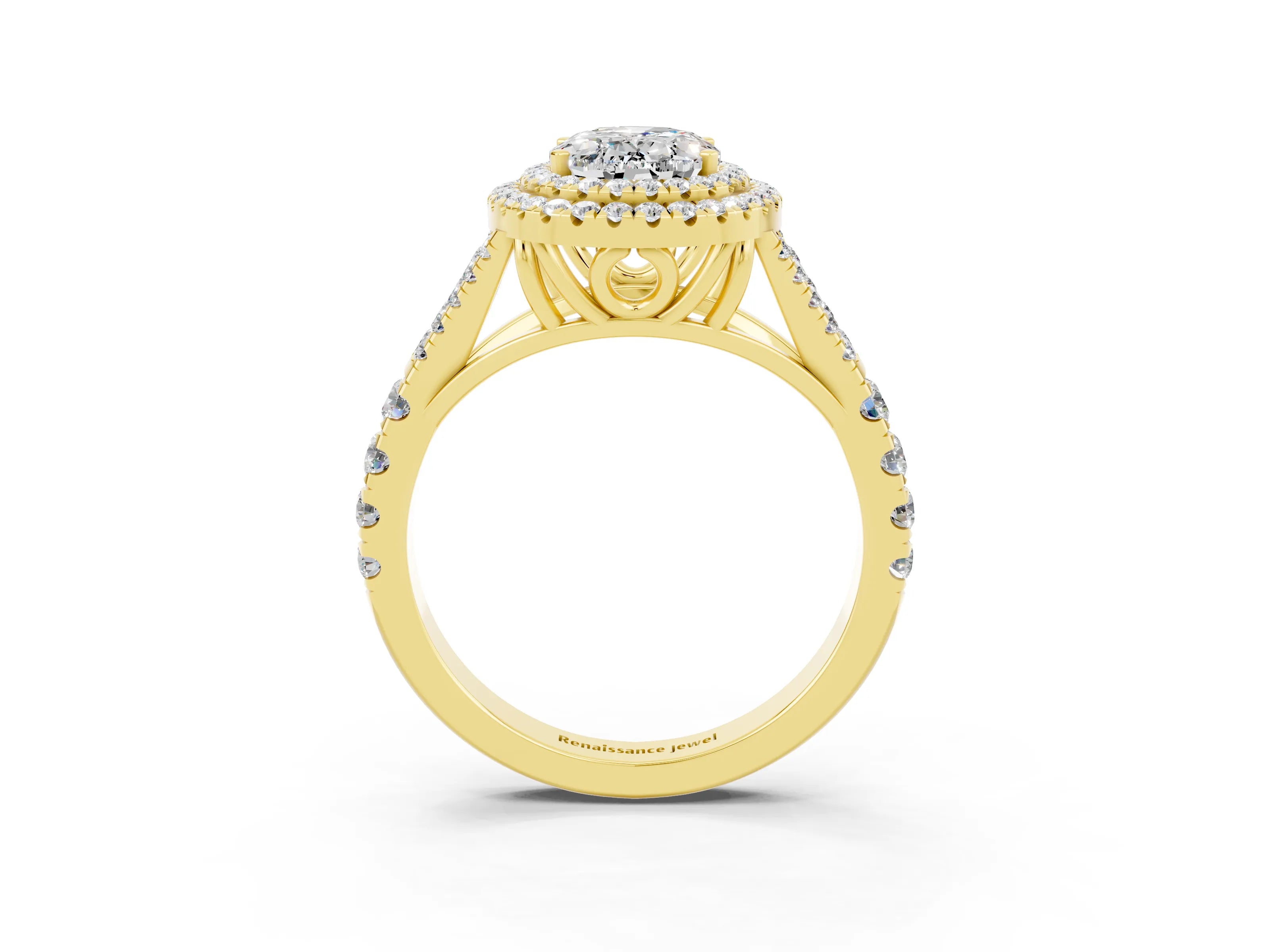 Yellow gold Oval Cut Moissanite Double Halo Ring with Split Shank and Prong Setting_15