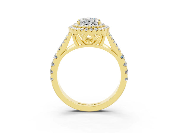 Yellow gold Oval Cut Moissanite Double Halo Ring with Split Shank and Prong Setting