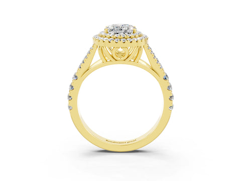 Yellow gold Oval Cut Moissanite Double Halo Ring with Split Shank and Prong Setting_15