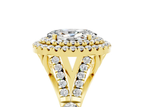 Yellow gold Oval Cut Moissanite Double Halo Ring with Split Shank and Prong Setting_17