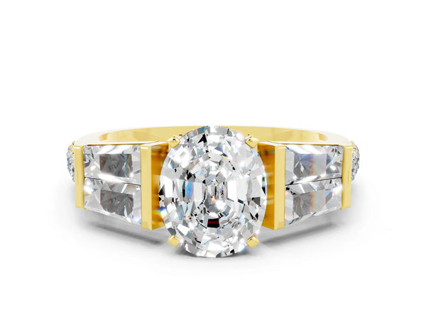 Yellow gold Oval Cut Moissanite Engagement Ring with Baguette Side Stones and Channel Set Band