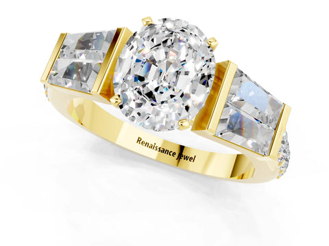 Yellow gold Oval Cut Moissanite Engagement Ring with Baguette Side Stones and Channel Set Band_1