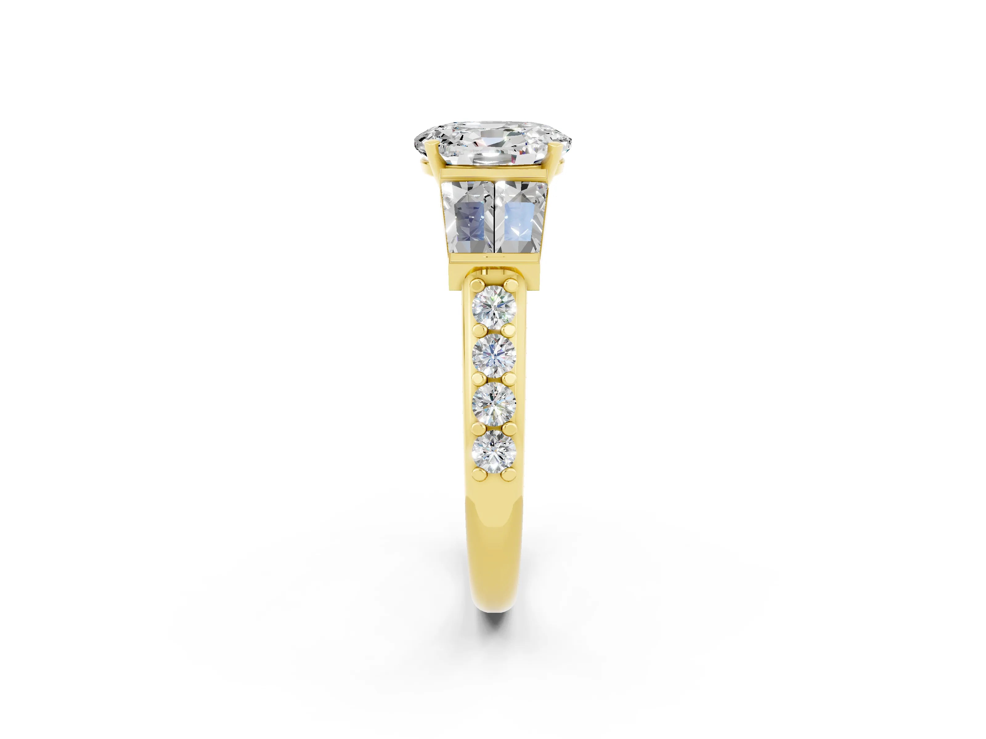 Yellow gold Oval Cut Moissanite Engagement Ring with Baguette Side Stones and Channel Set Band_2