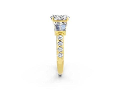 Yellow gold Oval Cut Moissanite Engagement Ring with Baguette Side Stones and Channel Set Band_2