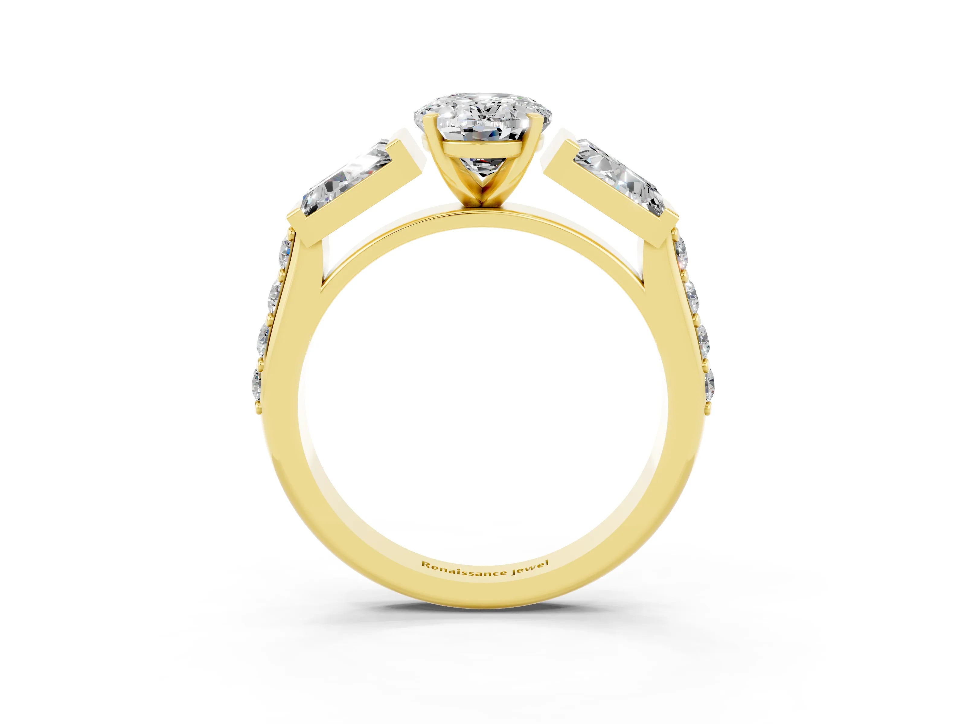 Yellow gold Oval Cut Moissanite Engagement Ring with Baguette Side Stones and Channel Set Band_3