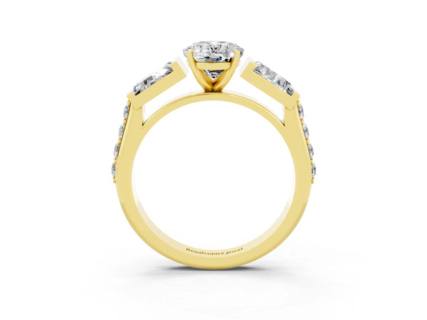 Yellow gold Oval Cut Moissanite Engagement Ring with Baguette Side Stones and Channel Set Band