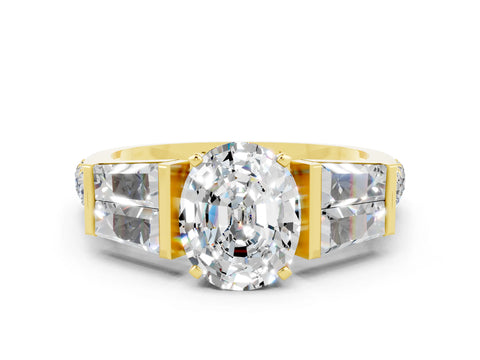Yellow gold Oval Cut Moissanite Engagement Ring with Baguette Side Stones and Channel Set Band