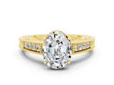 Yellow gold Oval Cut Moissanite Engagement Ring with Milgrain Channel Set Band and Prong Setting