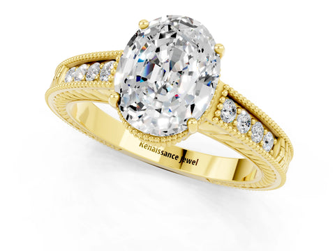 Yellow gold Oval Cut Moissanite Engagement Ring with Milgrain Channel Set Band and Prong Setting_1
