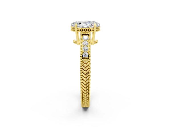 Yellow gold Oval Cut Moissanite Engagement Ring with Milgrain Channel Set Band and Prong Setting