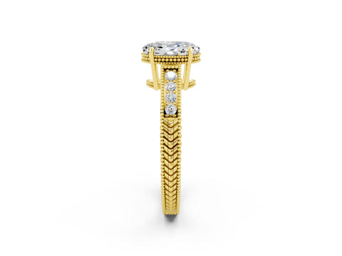 Yellow gold Oval Cut Moissanite Engagement Ring with Milgrain Channel Set Band and Prong Setting_2