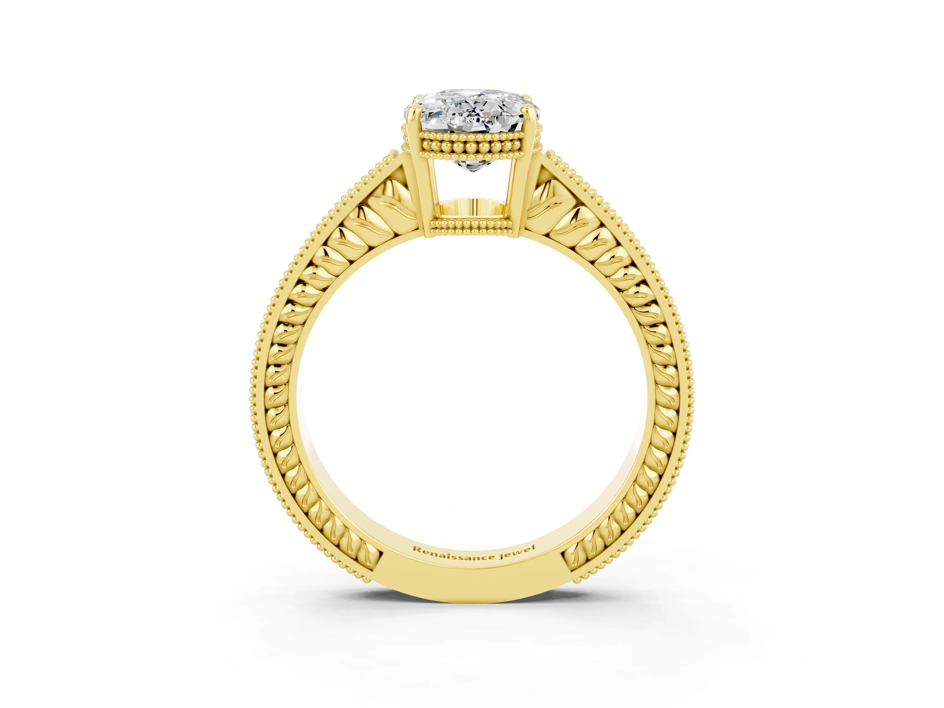 Yellow gold Oval Cut Moissanite Engagement Ring with Milgrain Channel Set Band and Prong Setting_3