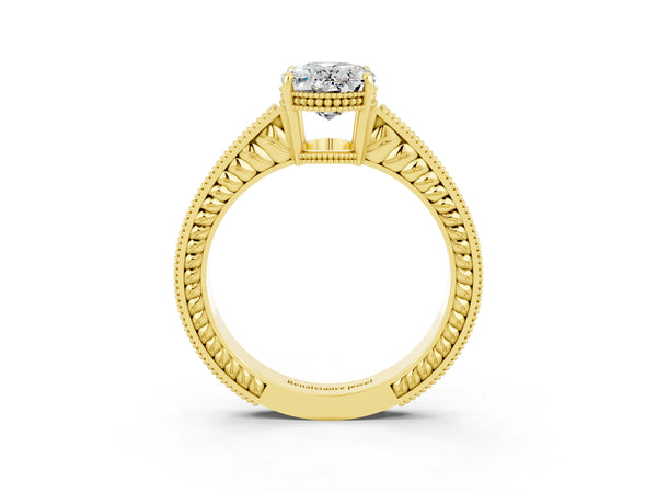 Yellow gold Oval Cut Moissanite Engagement Ring with Milgrain Channel Set Band and Prong Setting