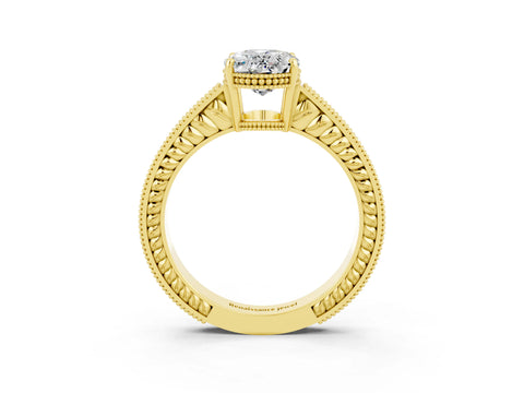 Yellow gold Oval Cut Moissanite Engagement Ring with Milgrain Channel Set Band and Prong Setting_3