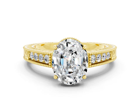 Yellow gold Oval Cut Moissanite Engagement Ring with Milgrain Channel Set Band and Prong Setting