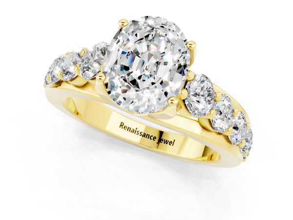 Yellow gold Oval Cut Moissanite Engagement Ring with Pavé Band and Four-Prong Setting