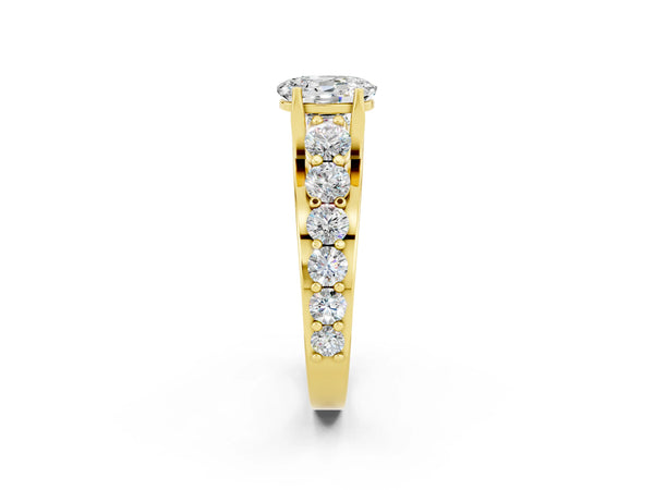 Yellow gold Oval Cut Moissanite Engagement Ring with Pavé Band and Four-Prong Setting