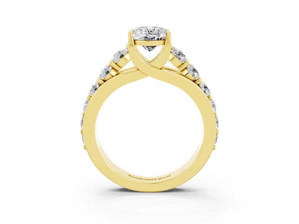 Yellow gold Oval Cut Moissanite Engagement Ring with Pavé Band and Four-Prong Setting