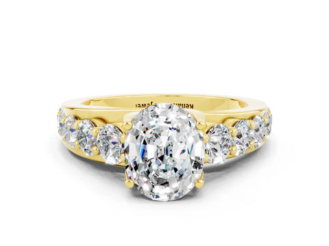 Yellow gold Oval Cut Moissanite Engagement Ring with Pavé Band and Four-Prong Setting