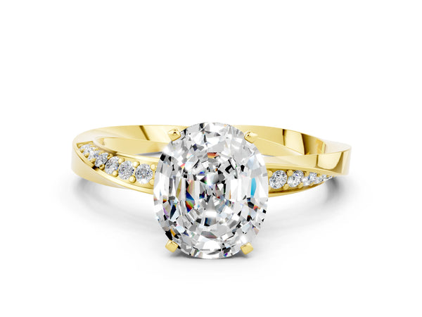 Yellow gold Oval Cut Moissanite Engagement Ring with Side Stone Accents and Four-Prong Setting