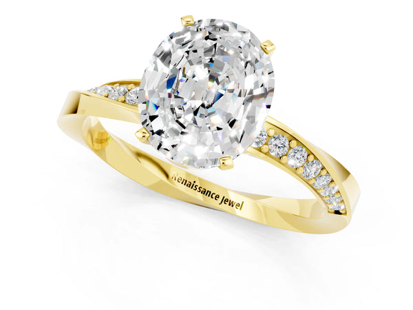 Yellow gold Oval Cut Moissanite Engagement Ring with Side Stone Accents and Four-Prong Setting