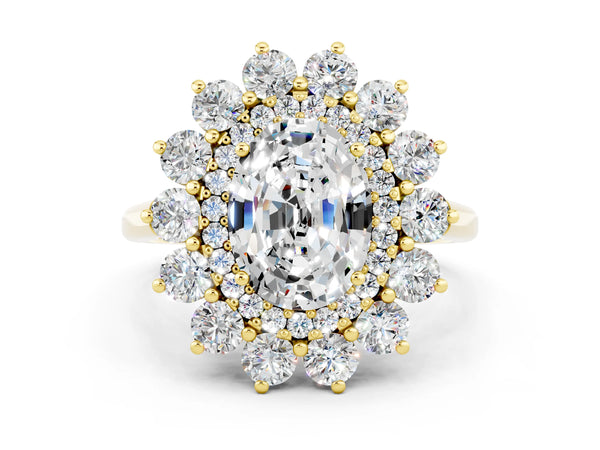 Yellow gold Oval Cut Moissanite Floral Double Halo Engagement Ring with Prong Setting