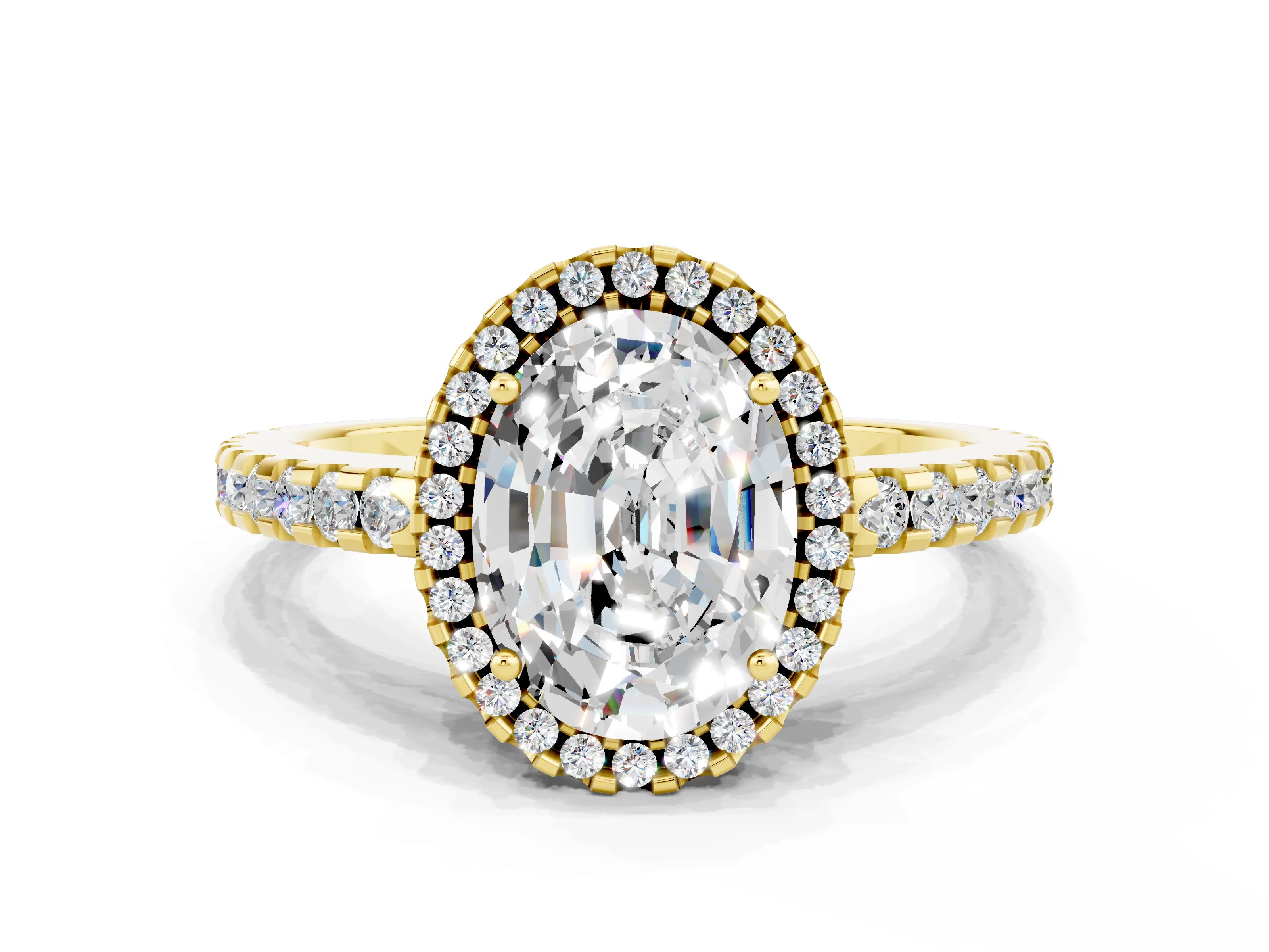 Yellow gold Oval Cut Moissanite Halo Engagement Ring with Pavé Band and Prong Setting_12