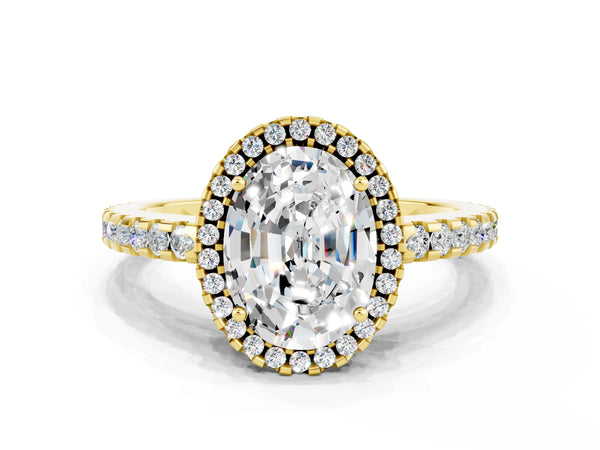 Yellow gold Oval Cut Moissanite Halo Engagement Ring with Pavé Band and Prong Setting