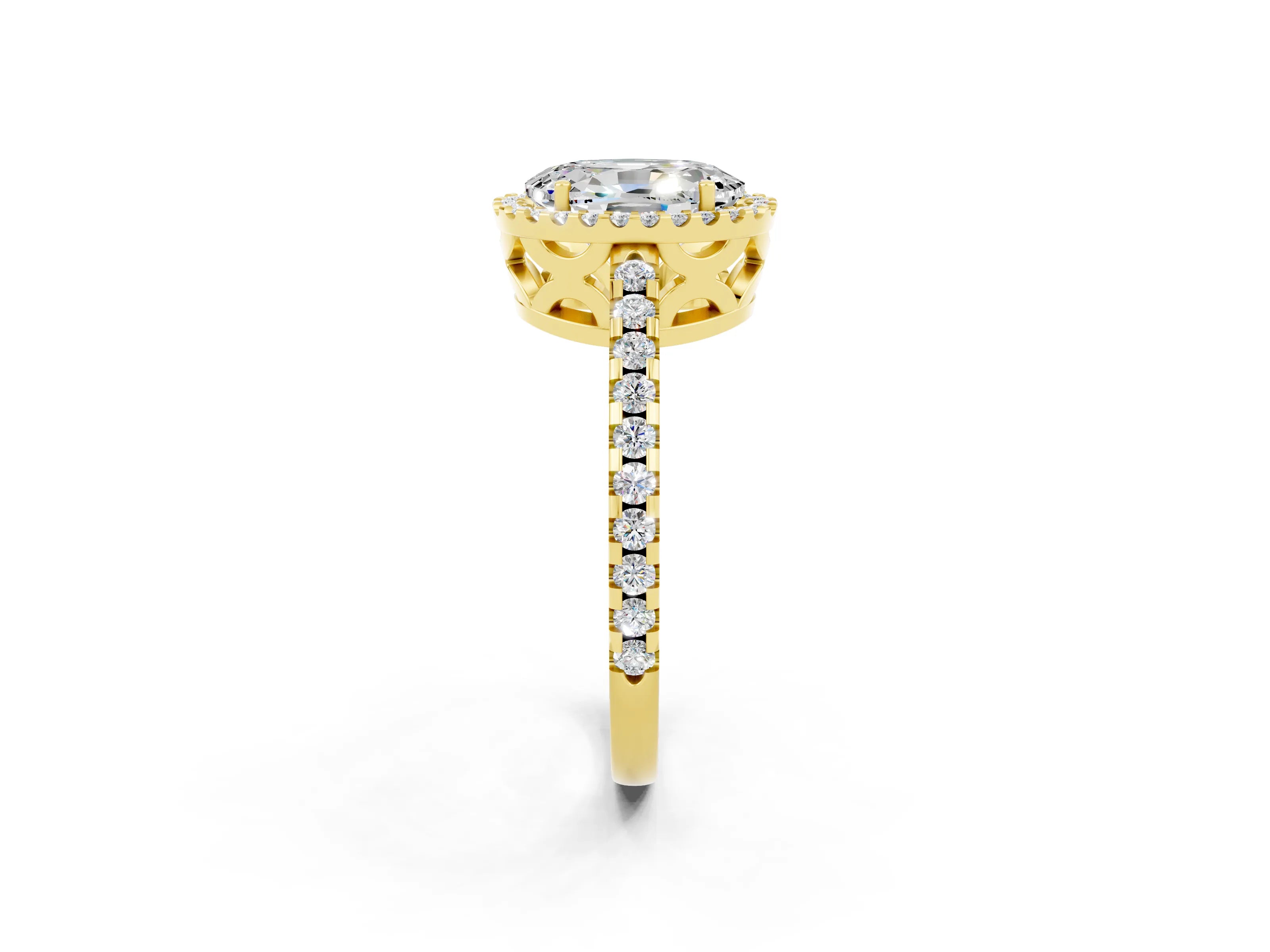 Yellow gold Oval Cut Moissanite Halo Engagement Ring with Pavé Band and Prong Setting_14