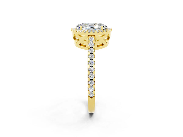 Yellow gold Oval Cut Moissanite Halo Engagement Ring with Pavé Band and Prong Setting