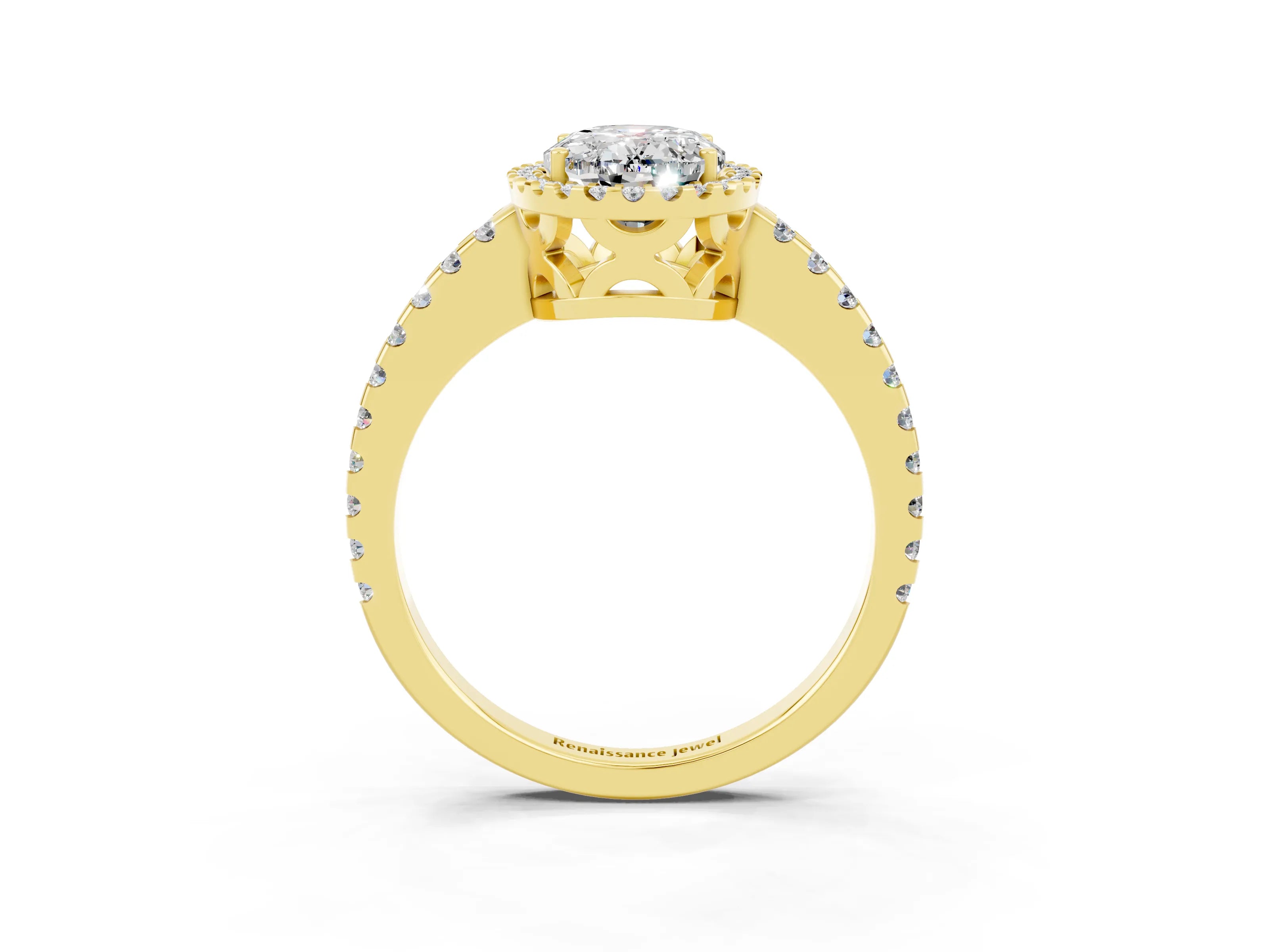 Yellow gold Oval Cut Moissanite Halo Engagement Ring with Pavé Band and Prong Setting_15