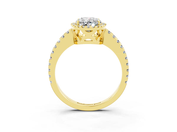 Yellow gold Oval Cut Moissanite Halo Engagement Ring with Pavé Band and Prong Setting