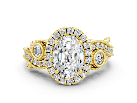 Yellow gold Oval Cut Moissanite Halo Ring with Milgrain Pavé Band and Four-Prong Setting_33