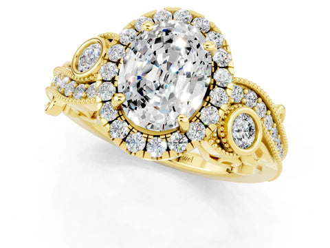 Yellow gold Oval Cut Moissanite Halo Ring with Milgrain Pavé Band and Four-Prong Setting_34