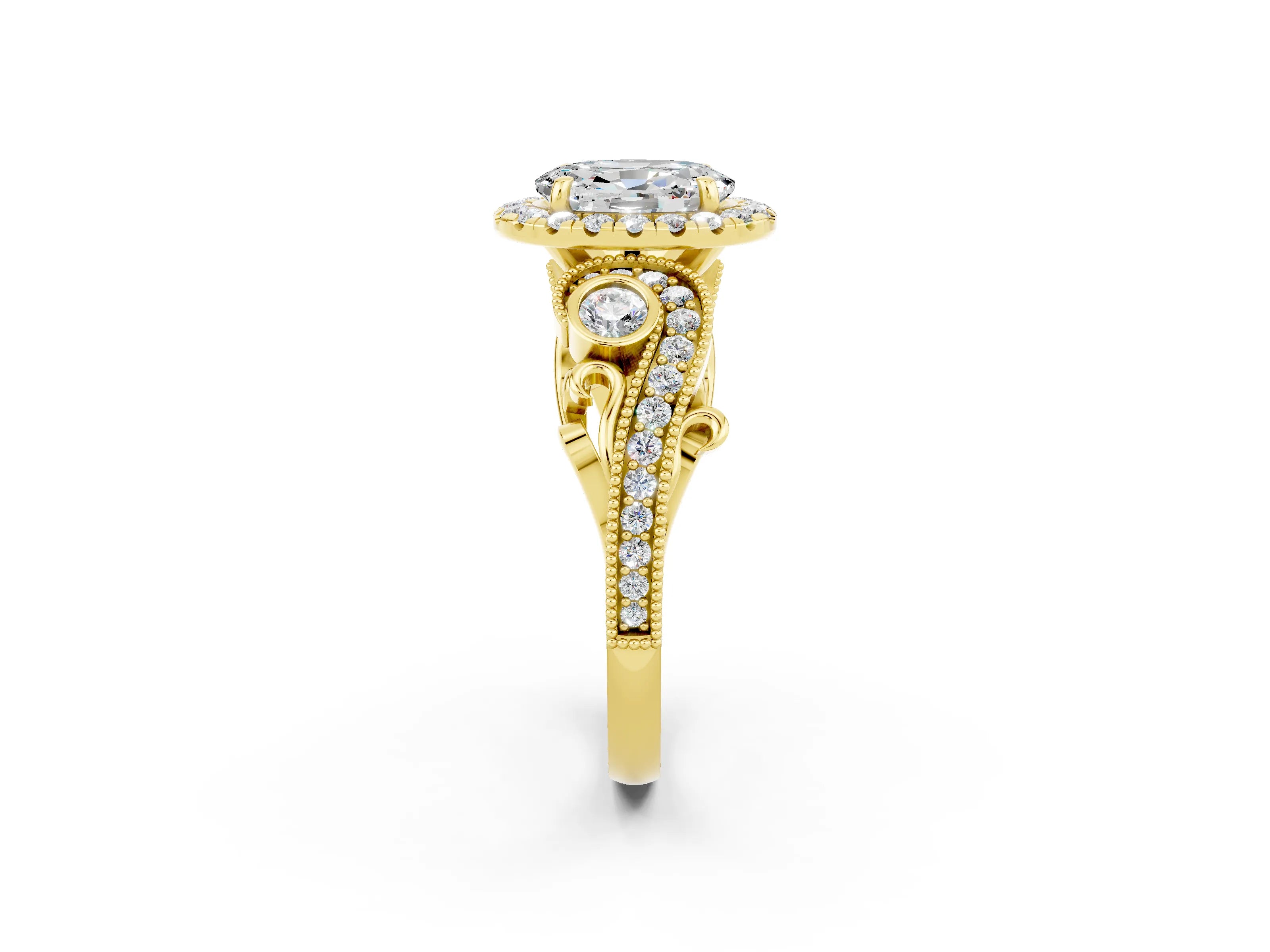 Yellow gold Oval Cut Moissanite Halo Ring with Milgrain Pavé Band and Four-Prong Setting_35
