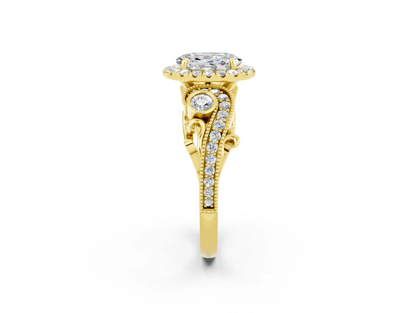 Yellow gold Oval Cut Moissanite Halo Ring with Milgrain Pavé Band and Four-Prong Setting