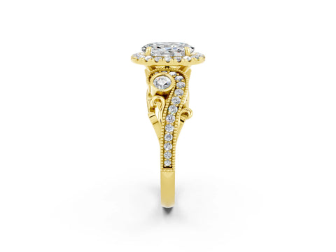 Yellow gold Oval Cut Moissanite Halo Ring with Milgrain Pavé Band and Four-Prong Setting_35