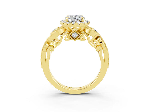 Yellow gold Oval Cut Moissanite Halo Ring with Milgrain Pavé Band and Four-Prong Setting