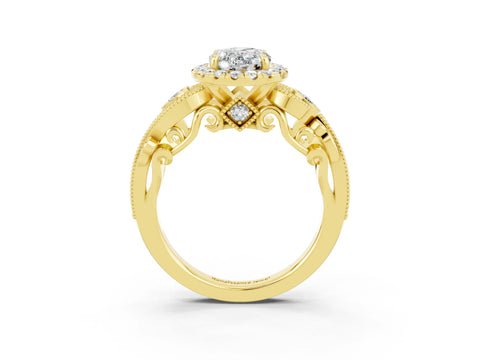 Yellow gold Oval Cut Moissanite Halo Ring with Milgrain Pavé Band and Four-Prong Setting_36