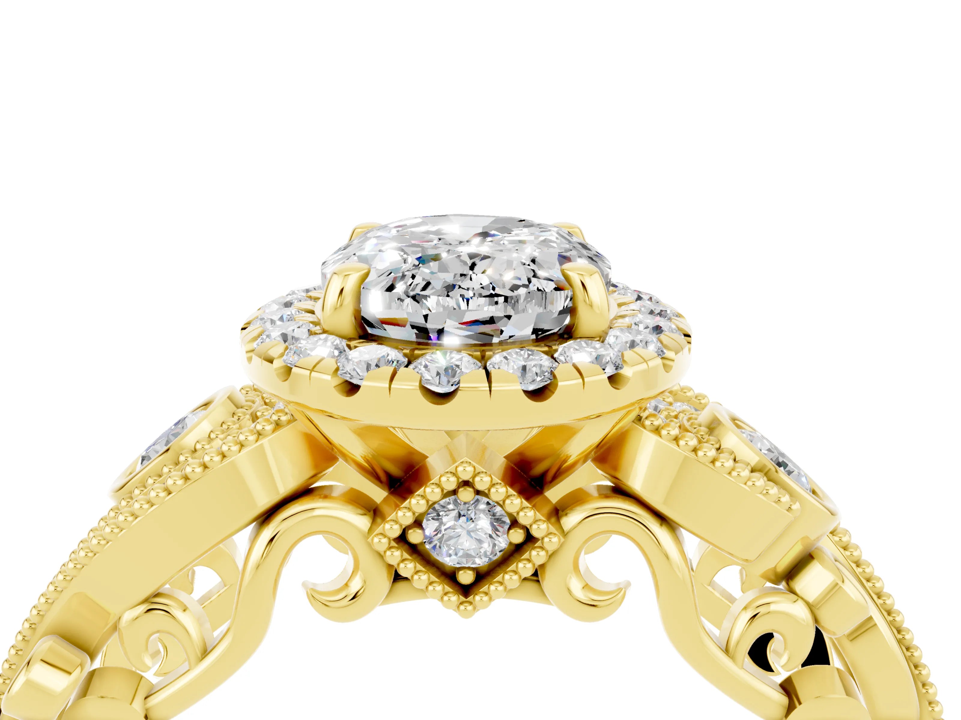 Yellow gold Oval Cut Moissanite Halo Ring with Milgrain Pavé Band and Four-Prong Setting_37