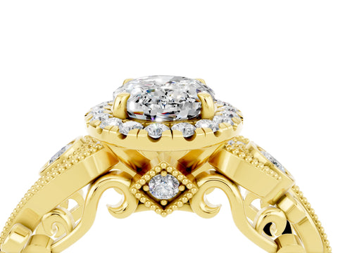 Yellow gold Oval Cut Moissanite Halo Ring with Milgrain Pavé Band and Four-Prong Setting_37
