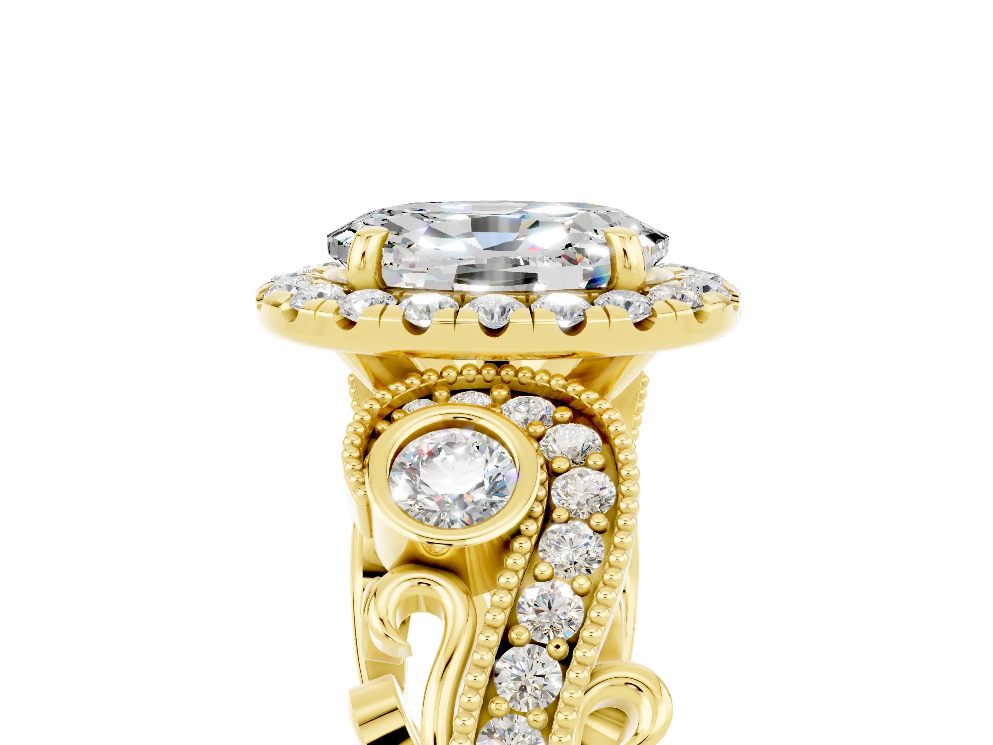 Yellow gold Oval Cut Moissanite Halo Ring with Milgrain Pavé Band and Four-Prong Setting_38