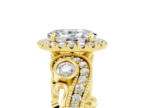 Yellow gold Oval Cut Moissanite Halo Ring with Milgrain Pavé Band and Four-Prong Setting_38