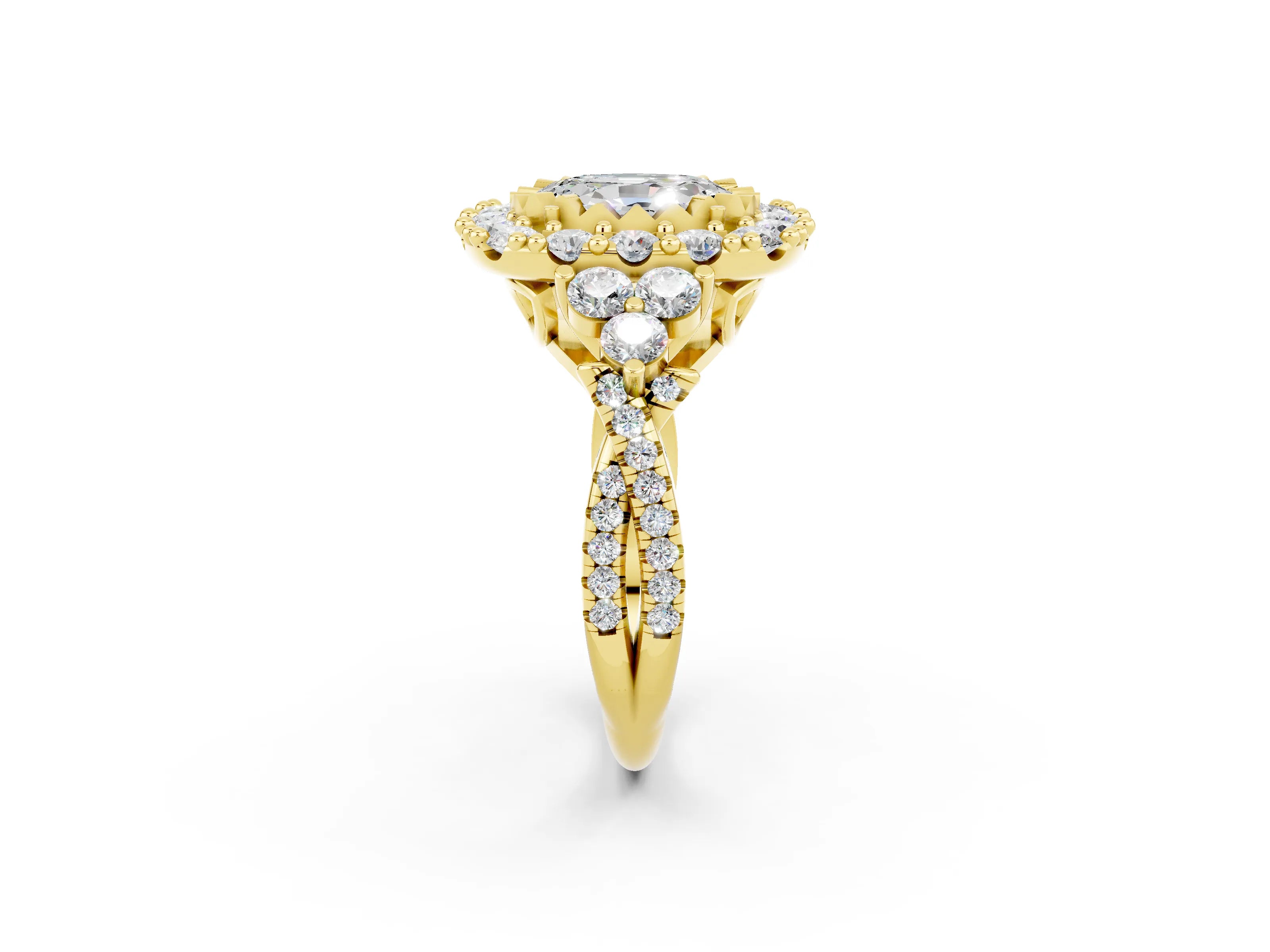 Yellow gold Oval Cut Moissanite Halo Ring with Pavé Band and Four-Prong Setting_10