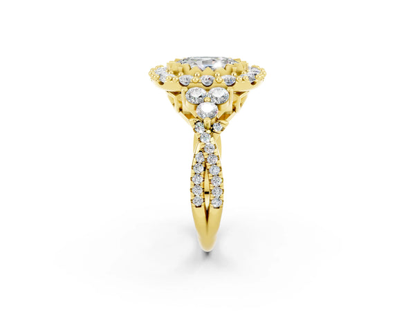 Yellow gold Oval Cut Moissanite Halo Ring with Pavé Band and Four-Prong Setting