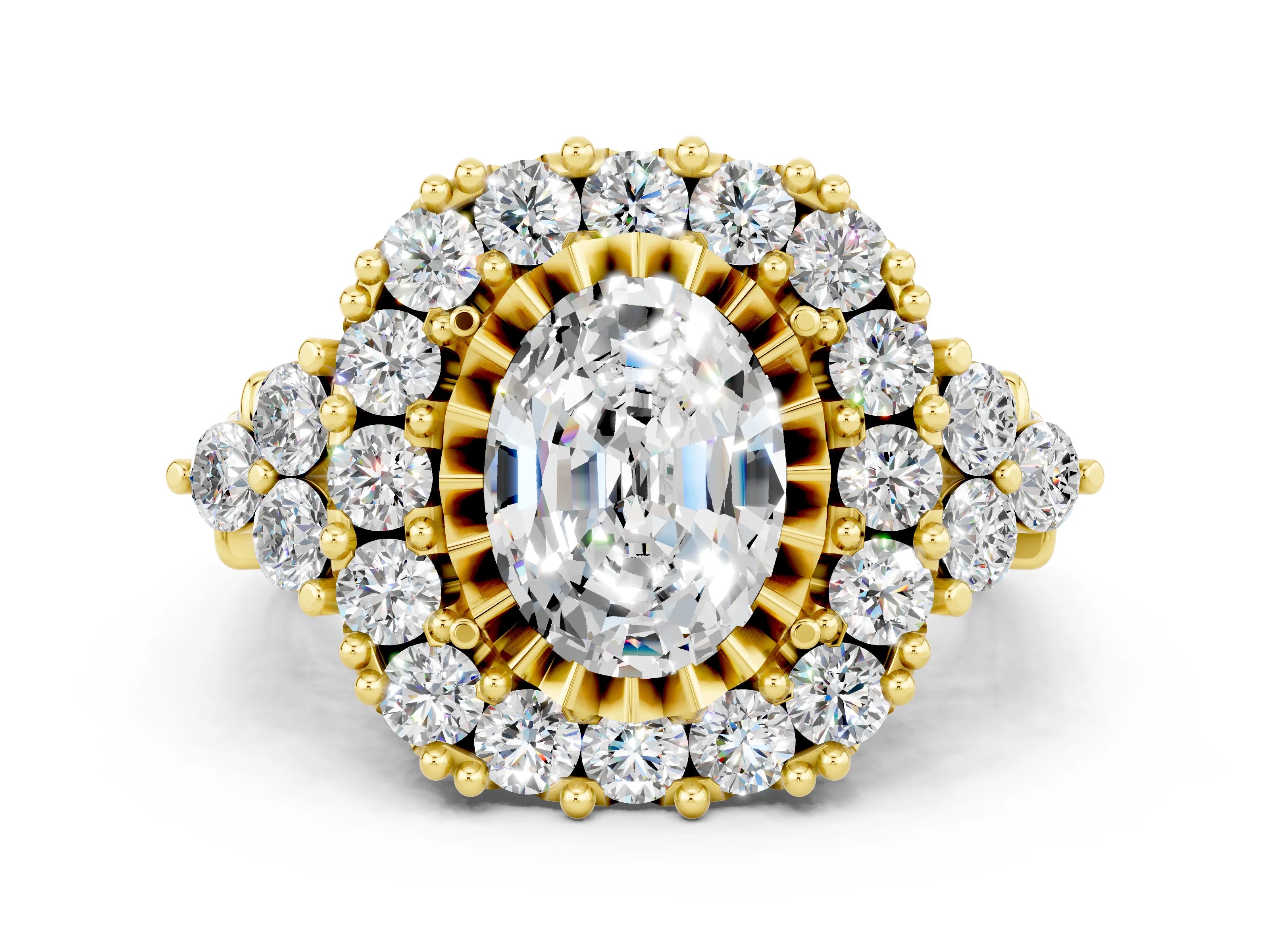 Yellow gold Oval Cut Moissanite Halo Ring with Pavé Band and Four-Prong Setting_8