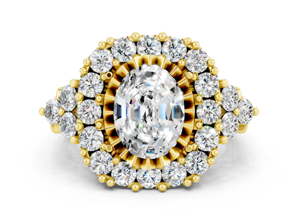 Yellow gold Oval Cut Moissanite Halo Ring with Pavé Band and Four-Prong Setting