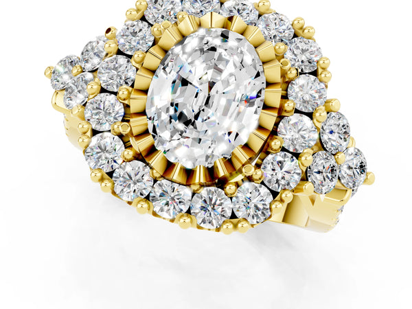 Yellow gold Oval Cut Moissanite Halo Ring with Pavé Band and Four-Prong Setting